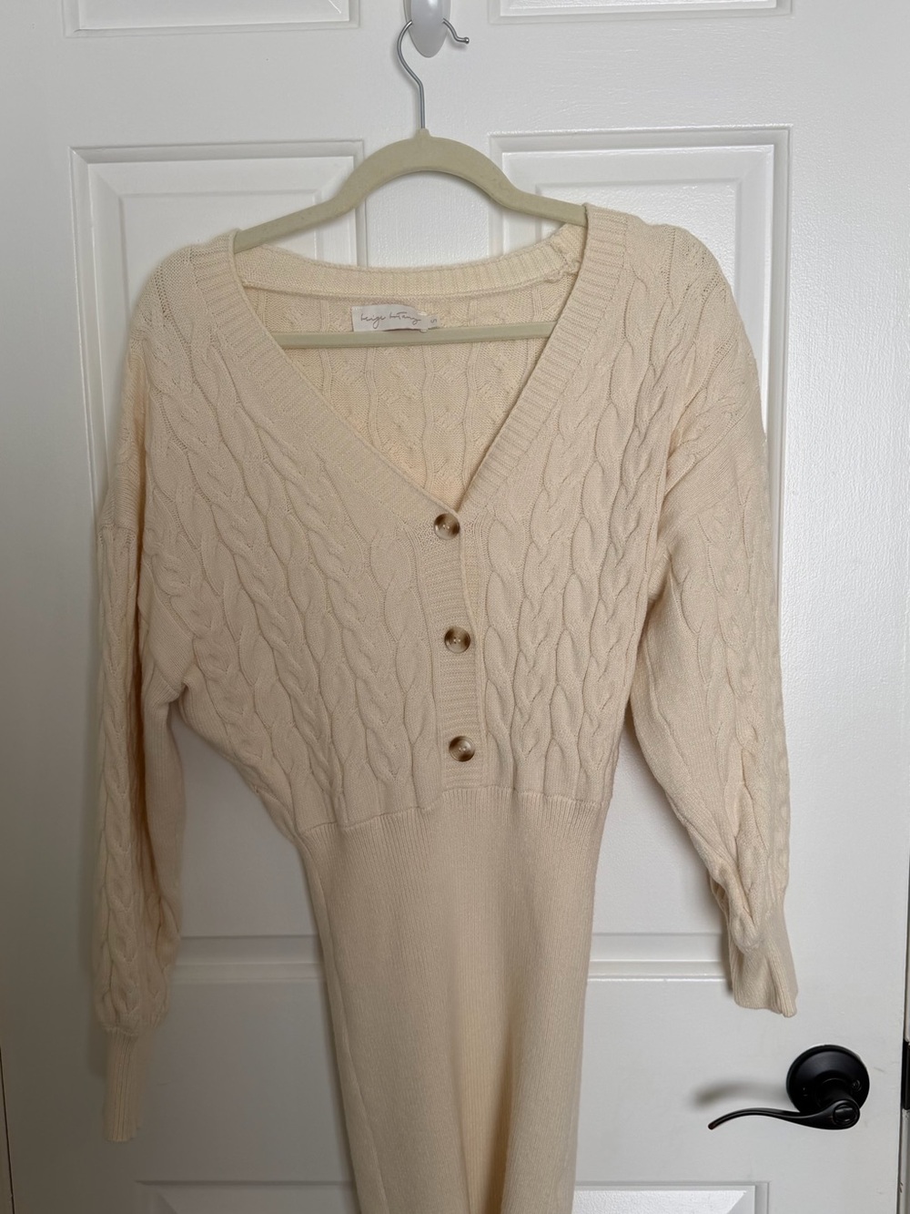 Cream Cable-Knit V-Neck Button Sweater Dress